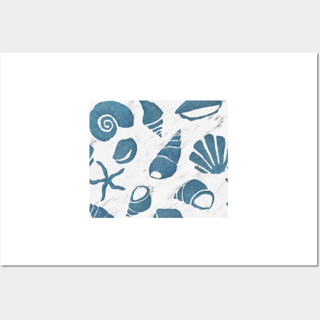 Azure South pacific sea shells - white marble Wall Art by hamptonstyle